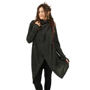 Charcoal Pixie Long Cardigan, Psytrance Jacket with Hand Warmers, Boho Hippie Knitwear