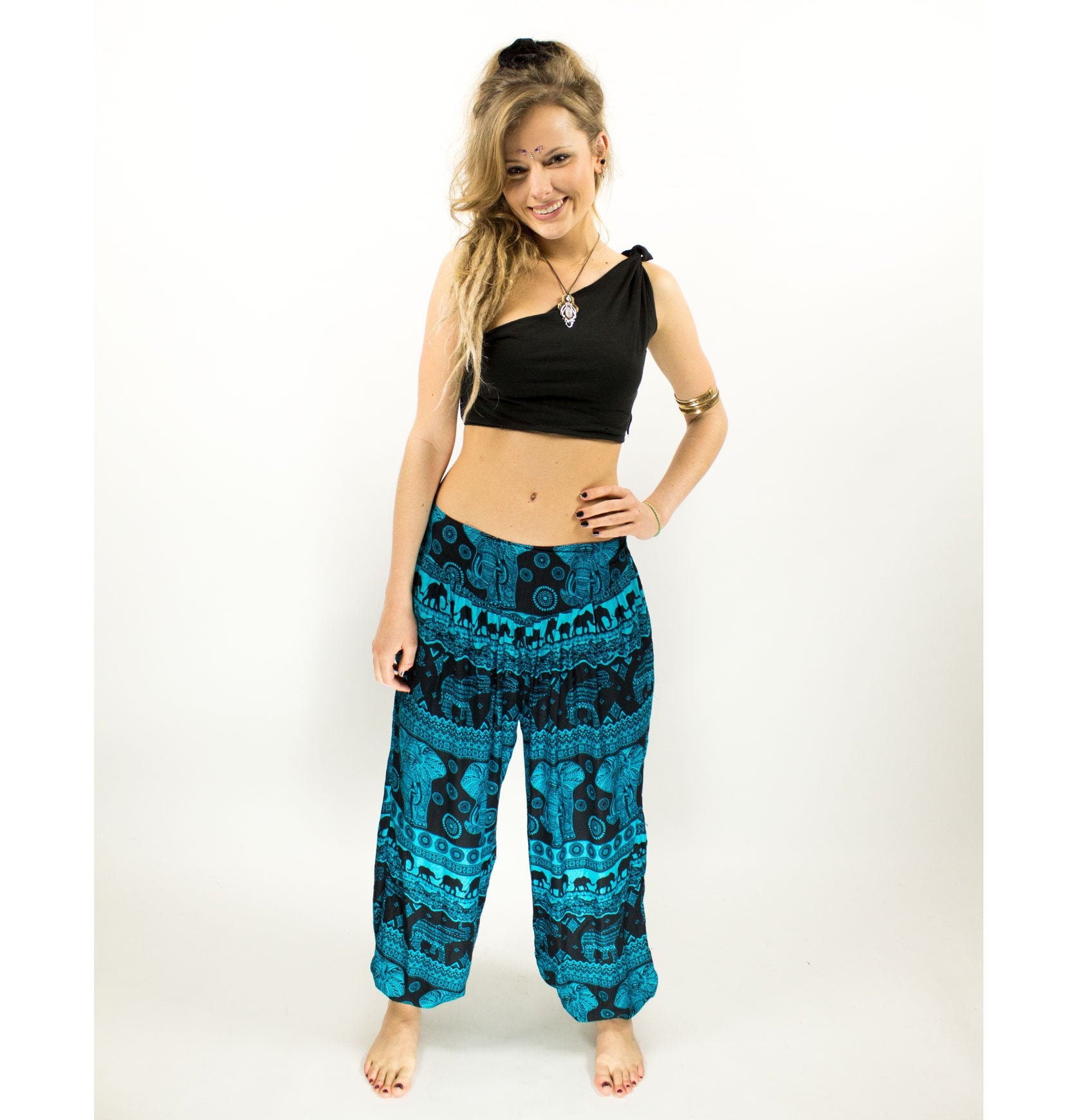 Image of Boho Blue Elephant Hippie Yoga Harem Pants