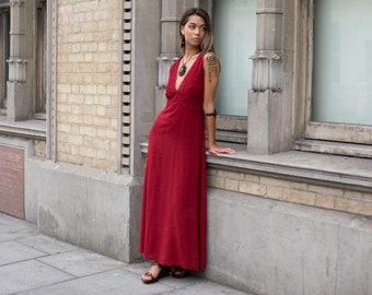 Red Grecian Crochet Dress Boho Hippie Dress Elegant Cotton Dress