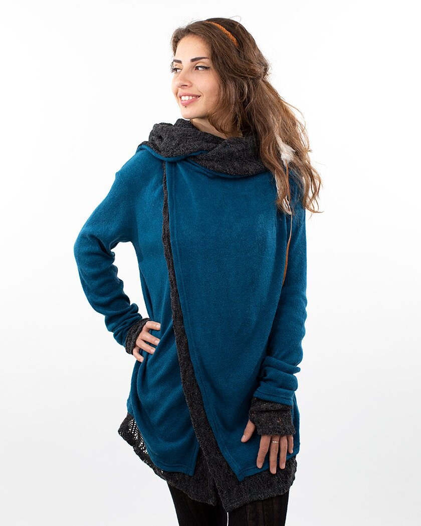 Image of Teal Lace Crochet Hooded Hippie Cardigan, Psy Trance Jacket, Boho Knitted Wrap