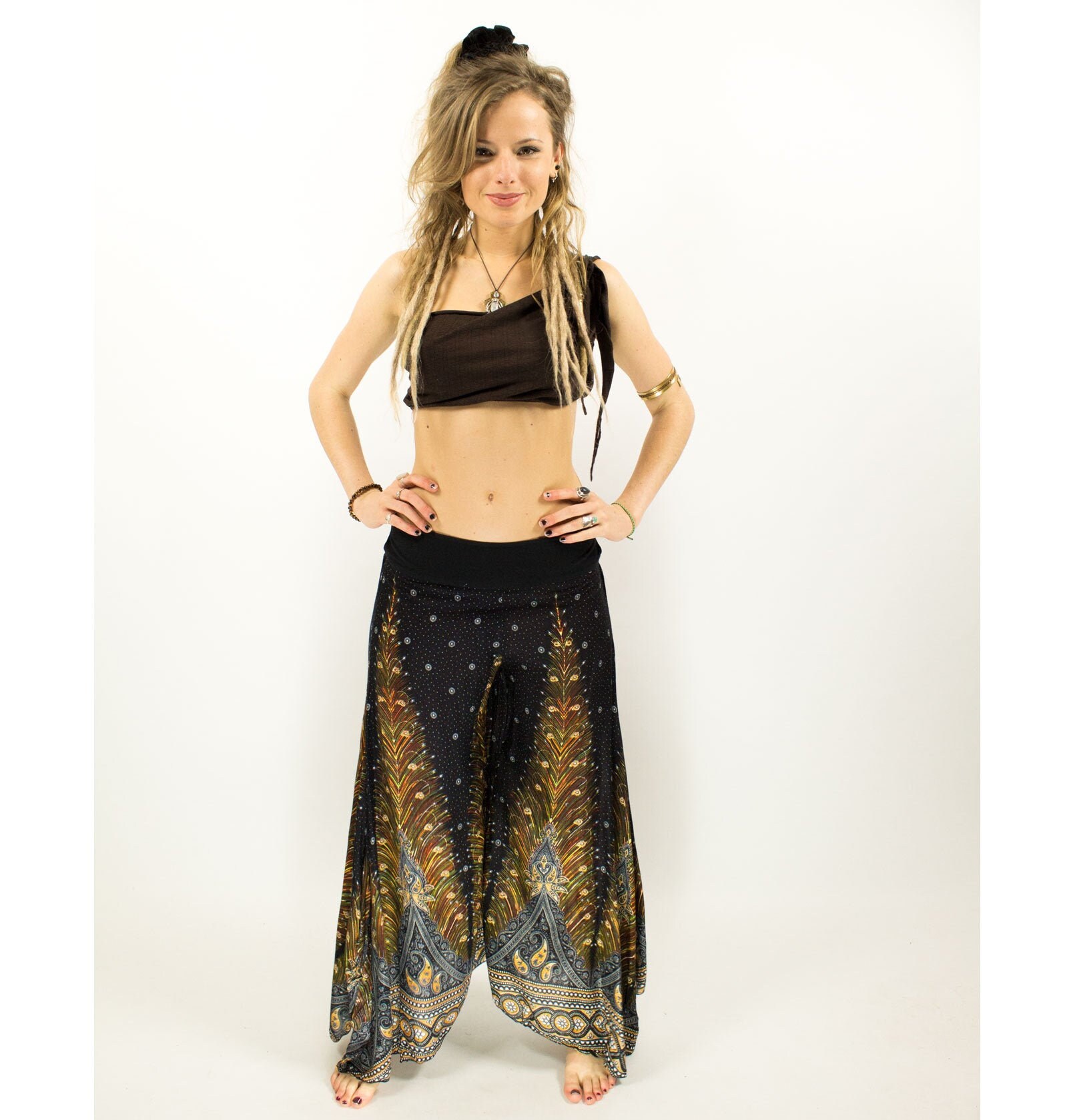Image of Boho Peacock Feather Black Palazzo Pants, Yoga Hippie Culottes