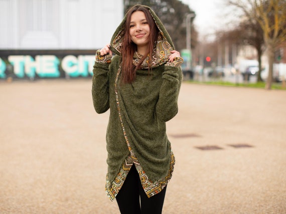 Green Hooded Cardigan Wrap Tribal Aztec Patterned Jacket With Hand Warmers Etsy UK