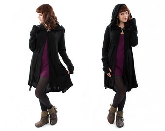 Manteau bohème lutin à capuche noir - Veste hippie elfe hippie avec boucle