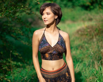 Black Bikini Crop Top, Peacock Flowers Print, Hippie Psy Trance Bralette