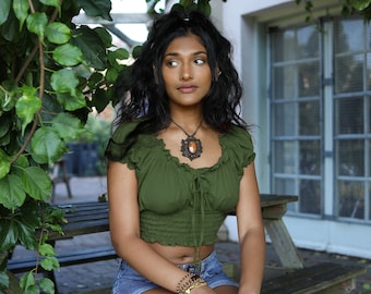 Green Boho Gypsy Crop Top, Off The Shoulder Cotton Pagan Top,  Bohemian Blouse, Bardot Top