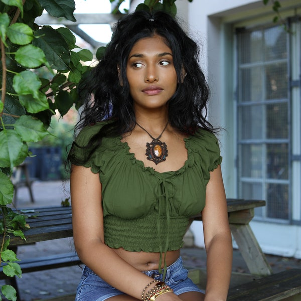 Green Boho Gypsy Crop Top, Off The Shoulder Cotton Pagan Top,  Bohemian Blouse, Bardot Top