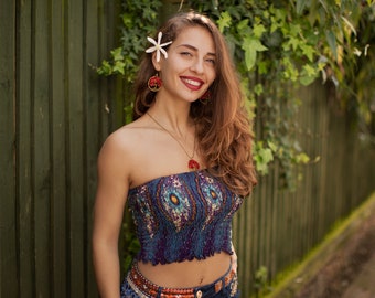 Purple Boho Bandeau Tube Top, Hippie Festival Boob Tube, Strapless Crop Top