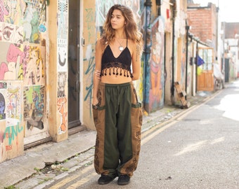 Green Aztec Print Hippie Harem Pants, Parachute Baggy Trousers