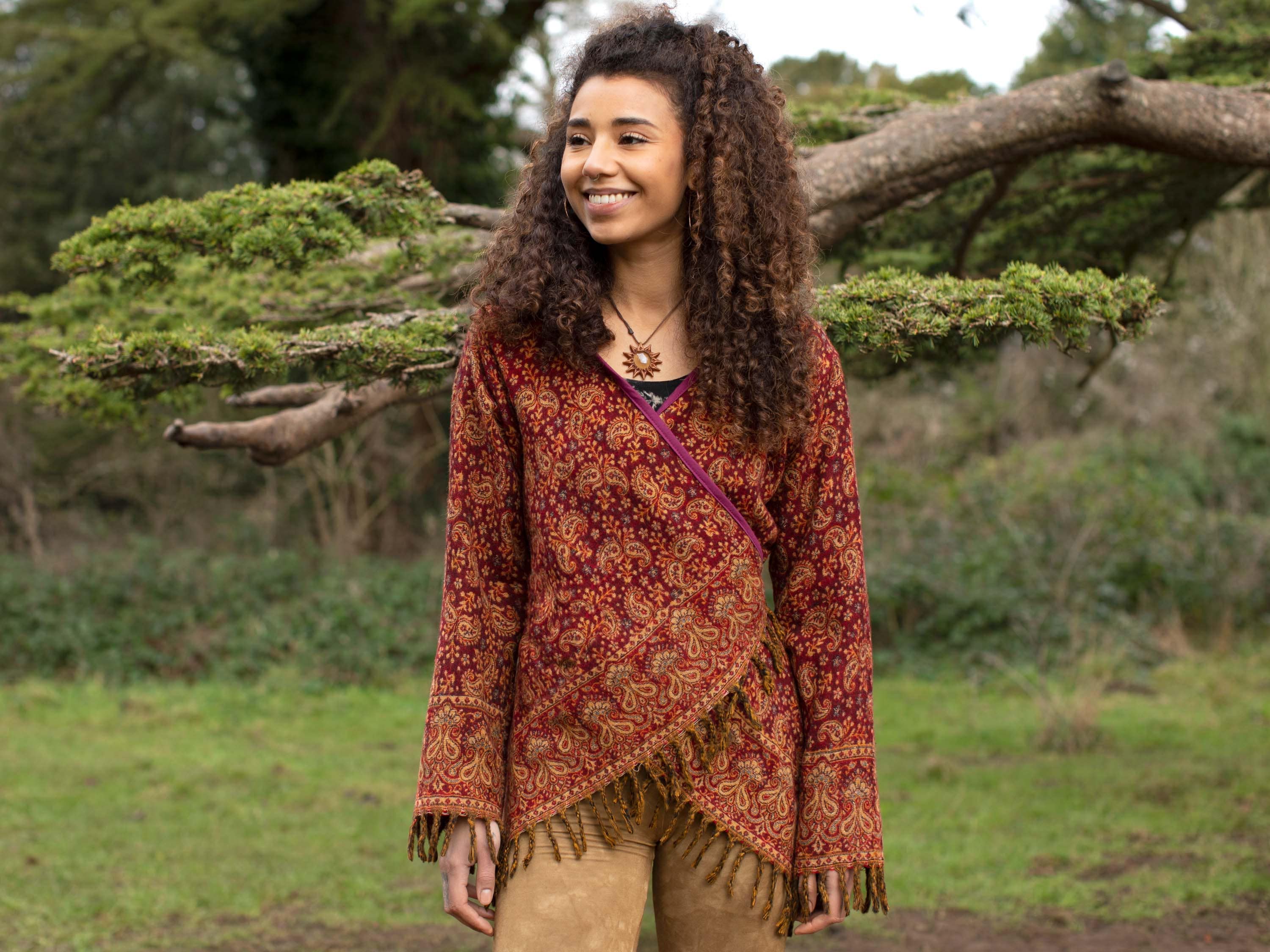 Red Paisley Cardigan Wrap Jacket, Fringed Shawl Jacket, Boho