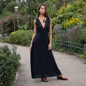 Black Grecian Crochet Dress Boho Hippie Dress Elegant Cotton Dress