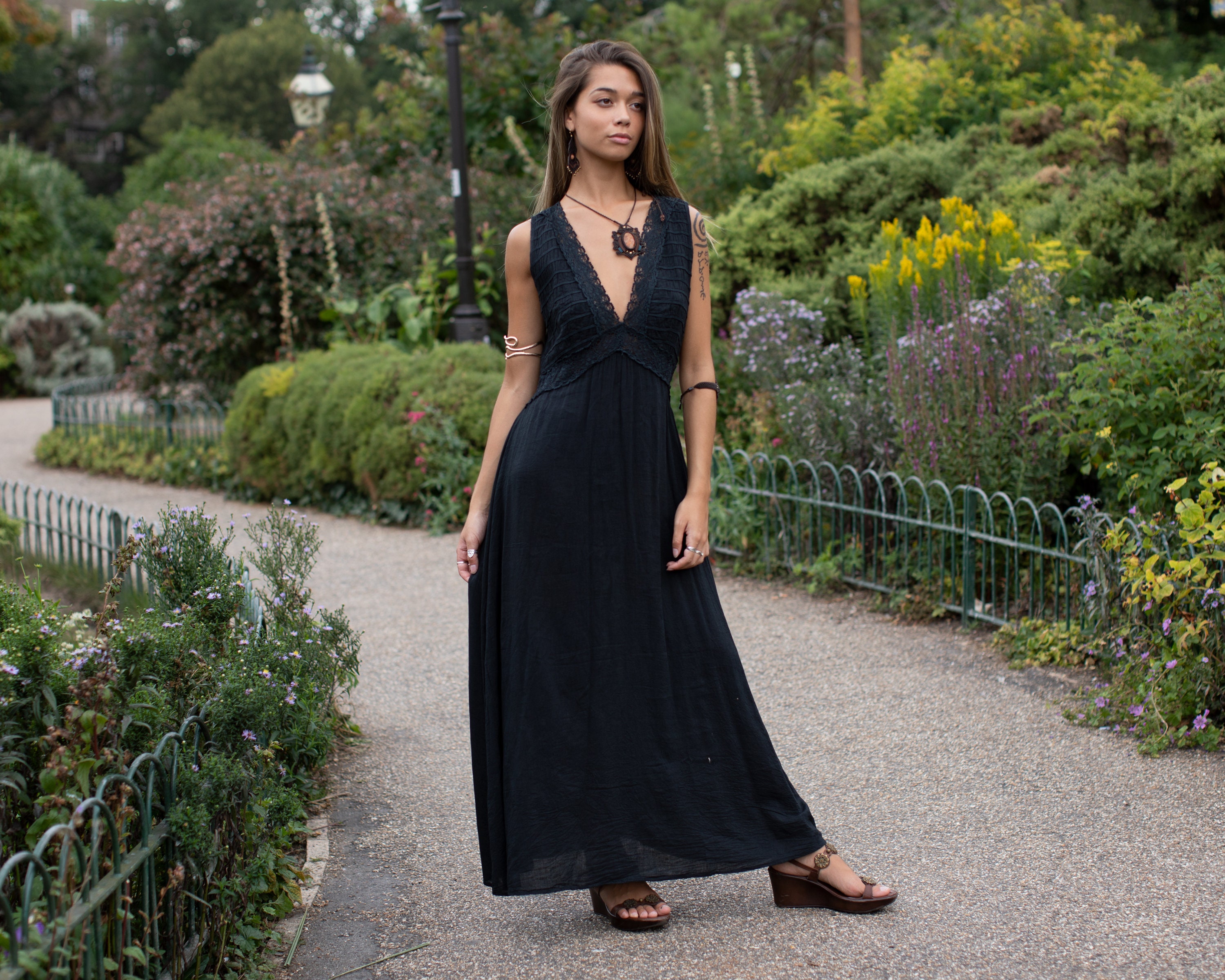 Image of Black Grecian Crochet Dress Boho Hippie Elegant Cotton