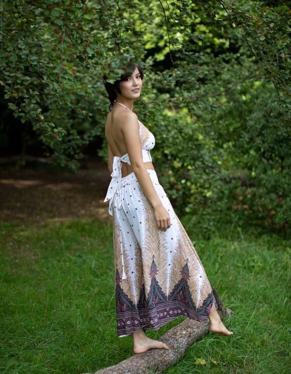 White Peacock Print Palazzo Trousers Yoga Pants Hippie Pants