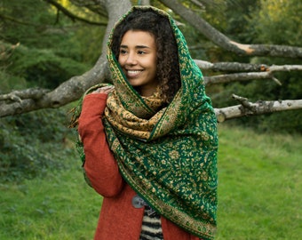 Boho Hippie Shawl, Blanket Scarf, Paisley Scarf, Psychedelic Green Wrap Shawl, Meditation Blanket Shawl