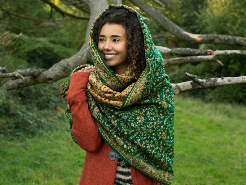 Boho Hippie Shawl, Blanket Scarf, Paisley Scarf, Psychedelic Green Wrap Shawl, Meditation Blanket Shawl image 1