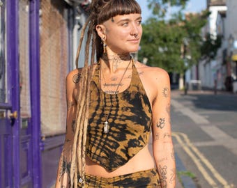 Brown Tie Dye Halterneck Hankerchief Top, Psy Hippie Boho Festival Top, Hoop Yoga Top