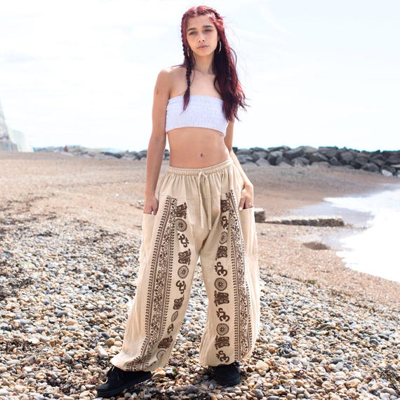 Beige Hippie Harem Pants, Parachute Baggy Cotton Trousers UK