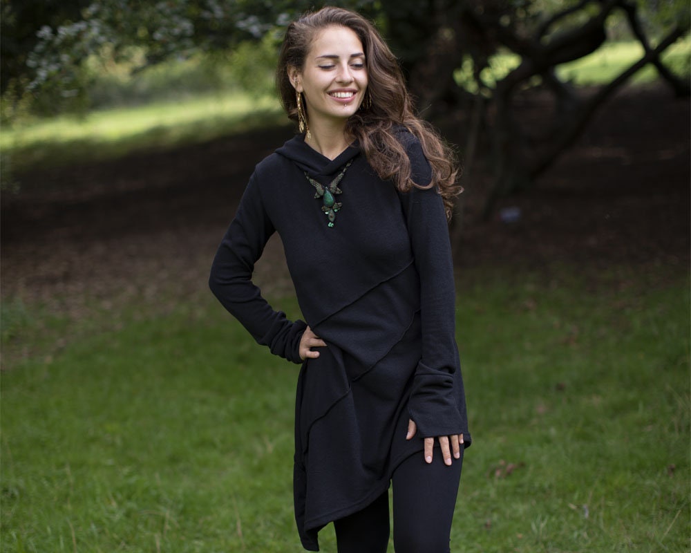 Image of Black Hooded Pixie Asymmetric Boho Dress, Hippie Knitted Dress With Hand Wamers