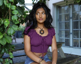 Purple Boho Whimsy Crop Top, Off The Shoulder Cotton Pagan Top,  Bohemian Blouse, Bardot Top