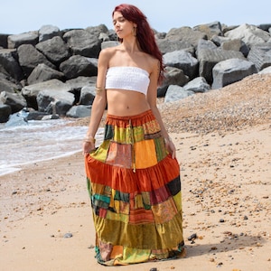 Patchwork Hippie Maxi Skirt Orange, Boho Patches Fairycore Skirt