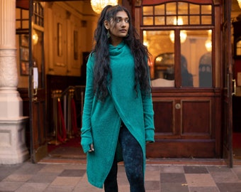 Cárdigan largo turquesa Pixie, chaqueta psytrance con calentadores de manos, prendas de punto boho hippie