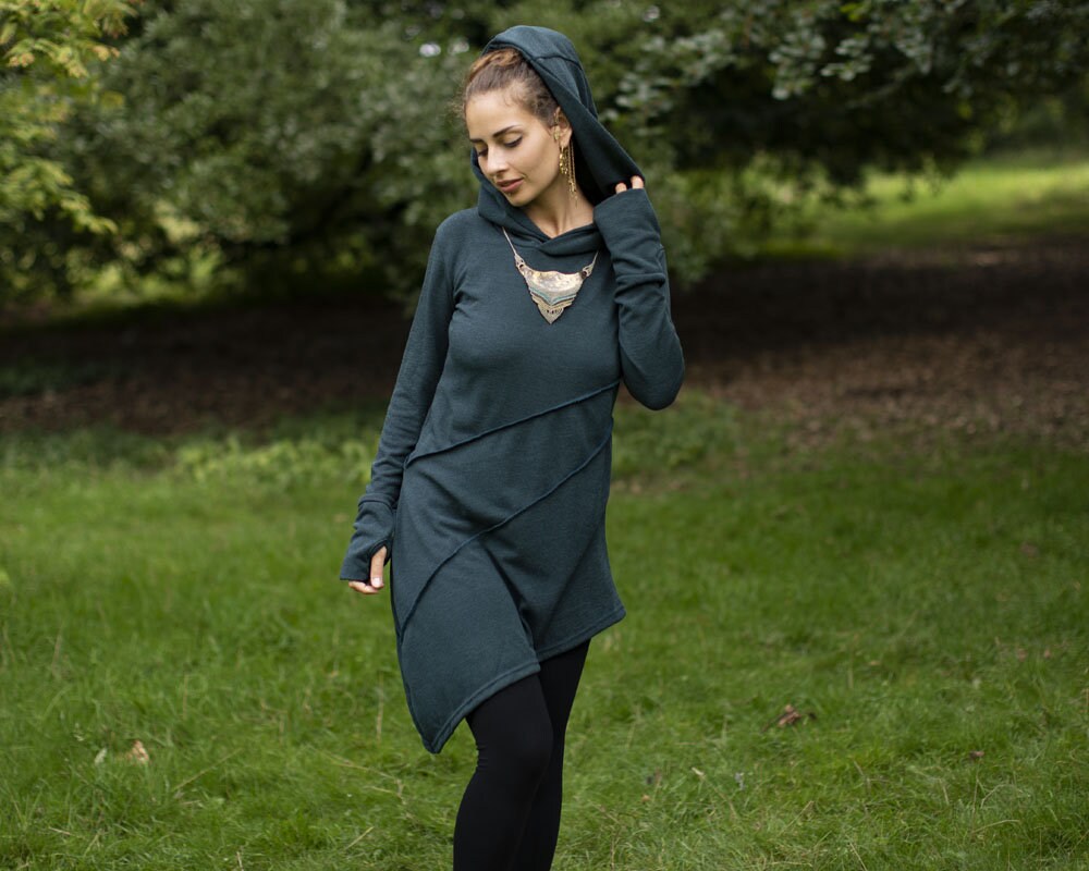 Image of Teal Hooded Pixie Asymmetric Boho Dress, Hippie Knitted Dress With Hand Warmers