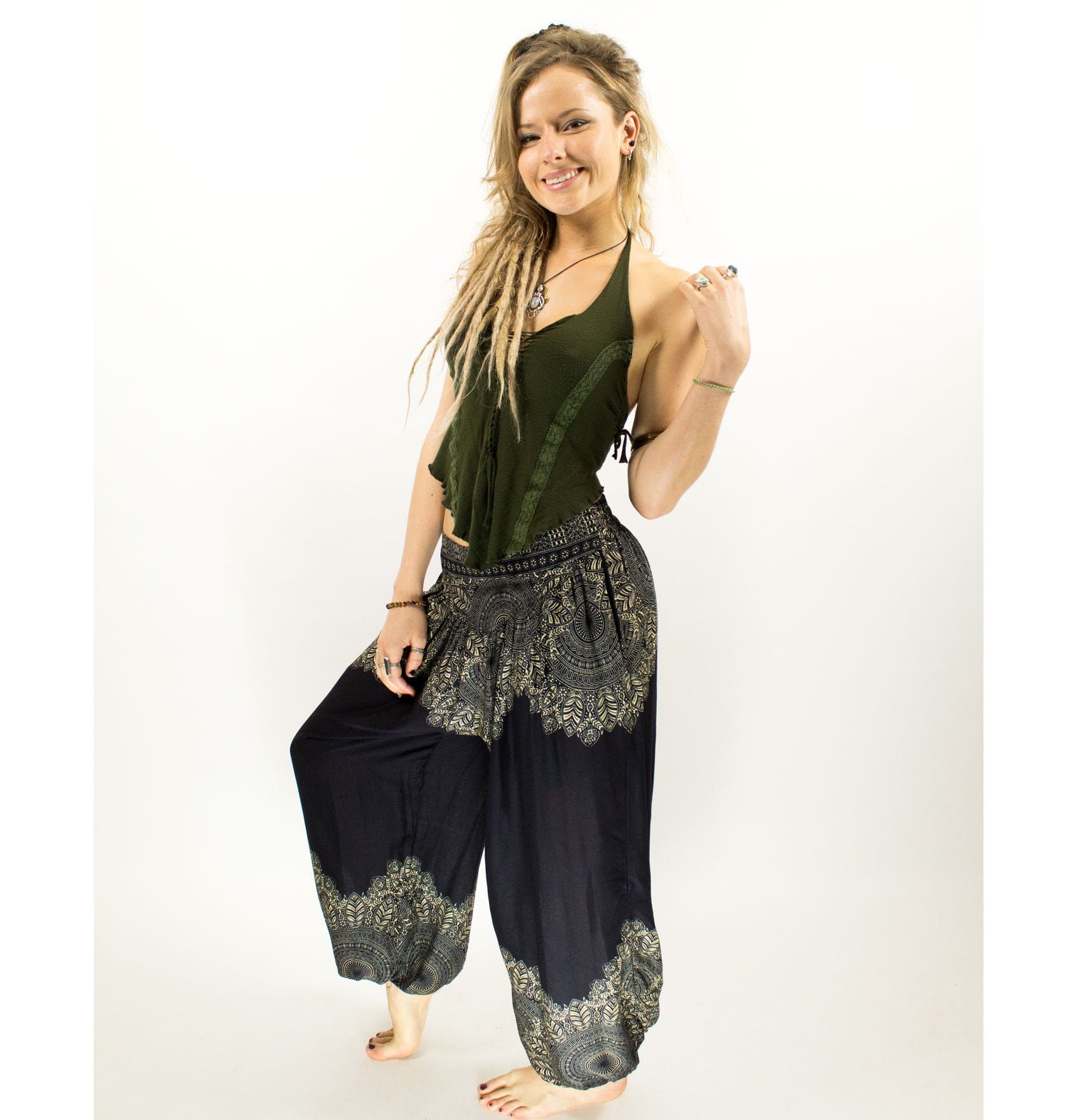 Image of Boho Black Feather Mandala Harem Pants