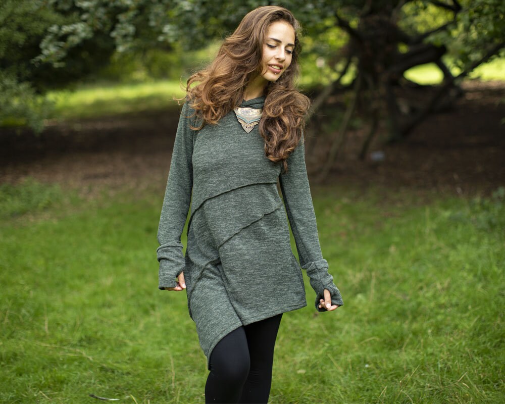 Image of Green Hooded Pixie Asymmetric Boho Dress, Hippie Knitted Dress With Hand Warmers
