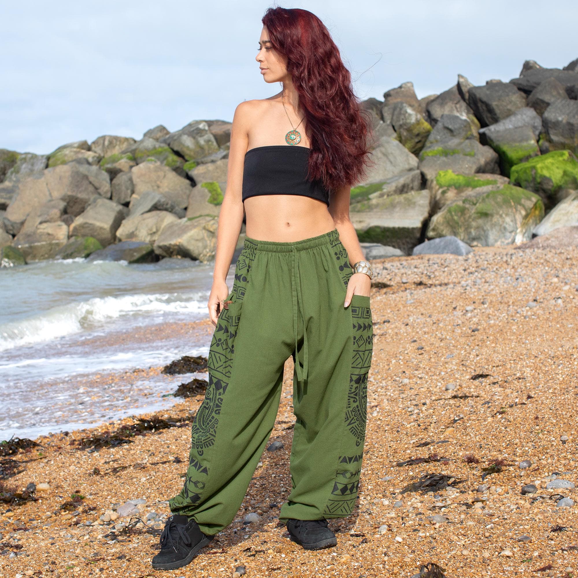 Dames Hippie Harembroek,Vrouwen Harem Hippie Broek, Baggy Harem Broek, Elegante Retro Bloemenprint Groene Bloeiers Voor Strandvakantie Sport En Yoga
