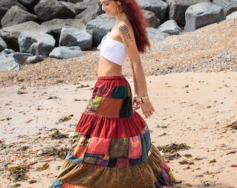 Patchwork Hippie Maxi Skirt Red, Boho Patches Fairycore Skirt
