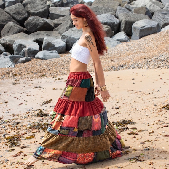 Patchwork Hippie Maxi Skirt Red, Boho Patches Fairycore Skirt