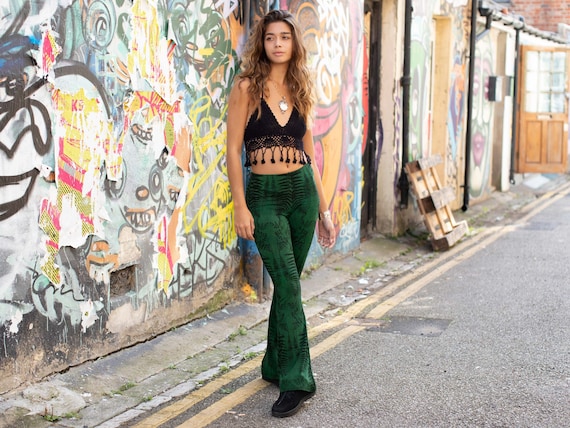 Green Forest Fern Tie Dye Flared Leggings, Hippie Bell Bottoms