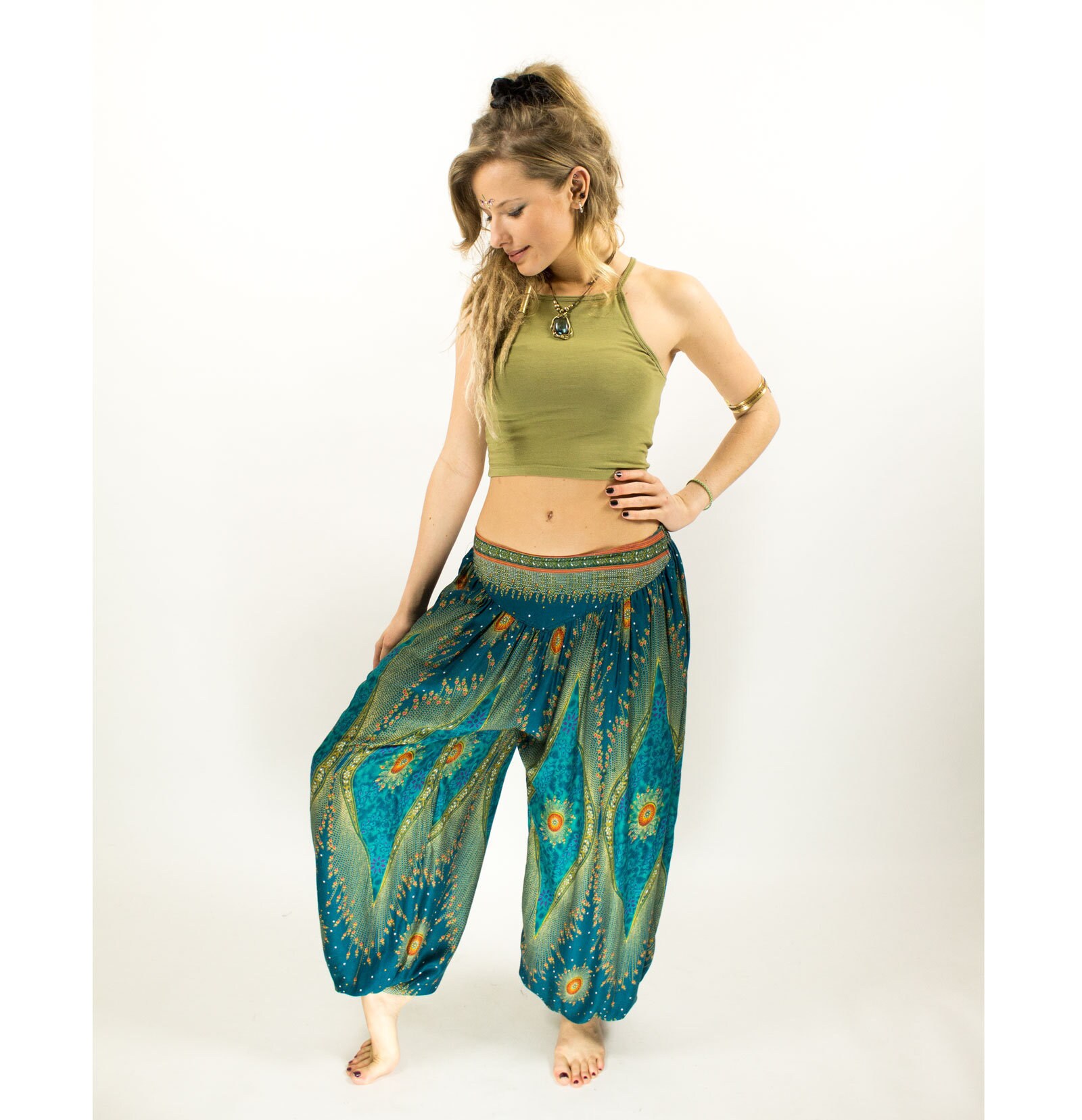 Image of Boho Peacock Paisley Turquoise Hippie Yoga Harem Pants