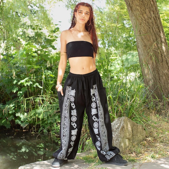 Black Hippie Harem Pants, Parachute Baggy Cotton Trousers