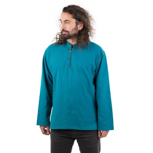 Petrol Turquoise Hippie Collarless 100% Cotton Long Sleeved Shirt Ethnic Mens Shirt