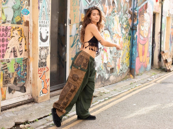 Green Aztec Print Hippie Harem Pants, Parachute Baggy