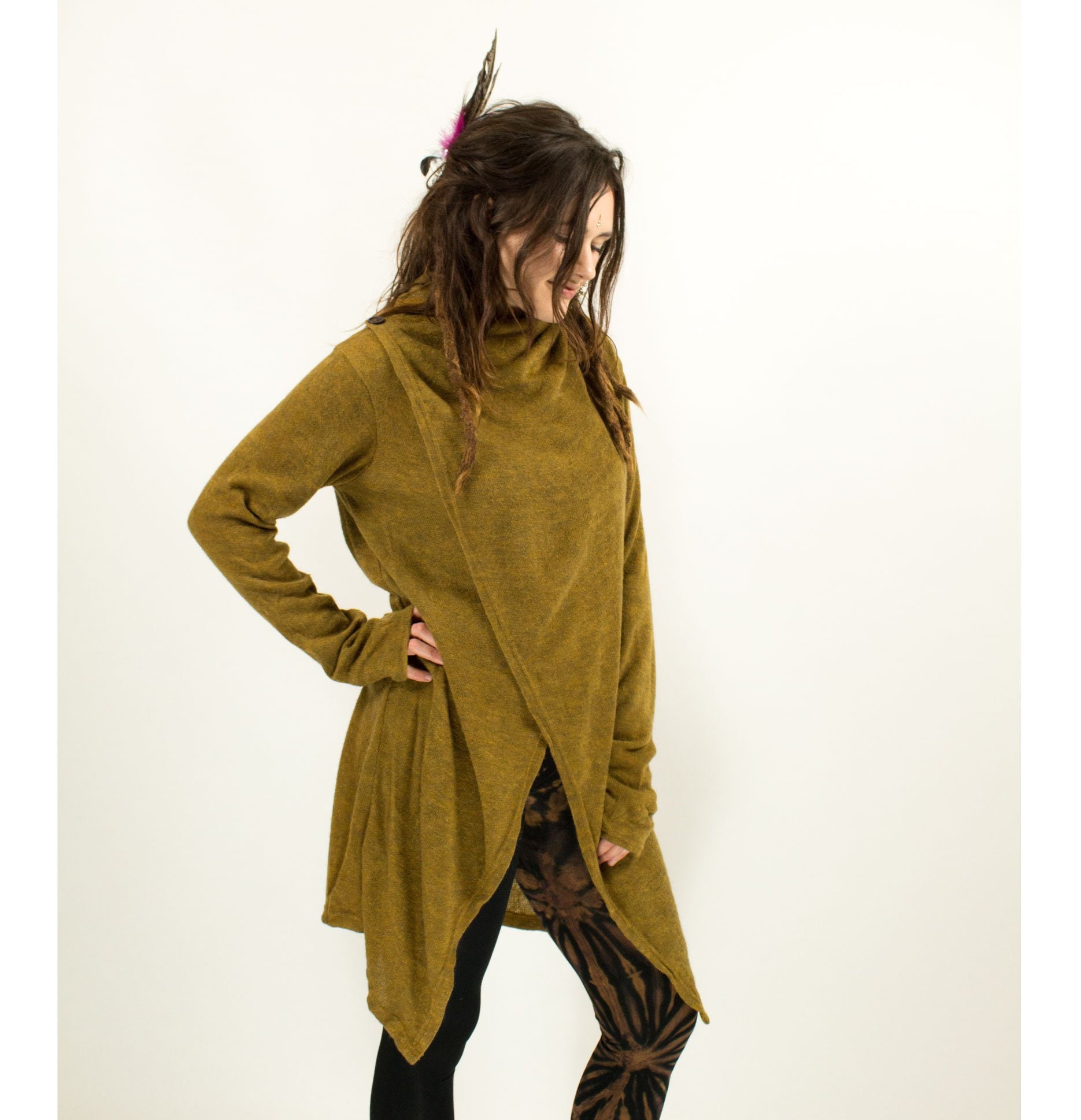 Image of Mustard Pixie Long Cardigan, Psytrance Jacket With Hand Warmers, Boho Hippie Knitwear