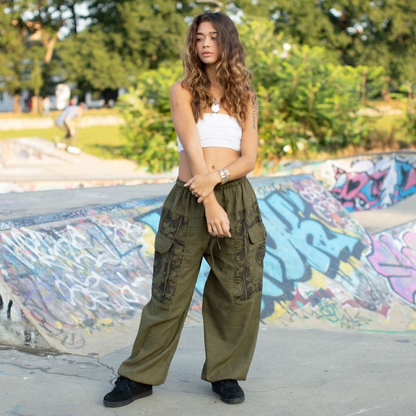 Pantalon sarouel hippie imprimé tribal vert, pantalon baggy parachute