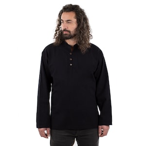 Zwart hippie-kraagloos 100% katoenen shirt met lange mouwen etnisch herenshirt