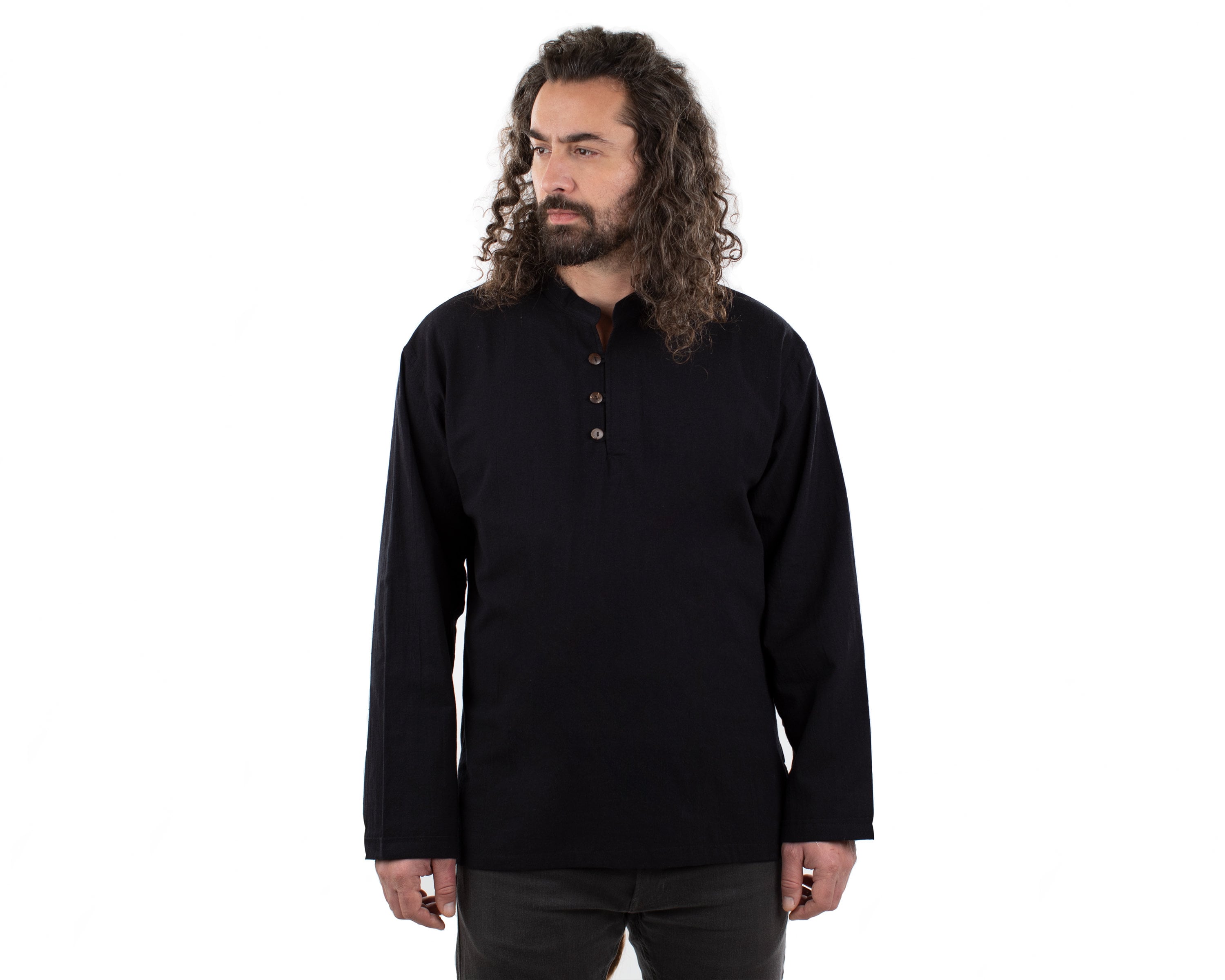 Image of Black Hippie Collarless 100% Cotton Long Sleeved Shirt Ethnic Mens