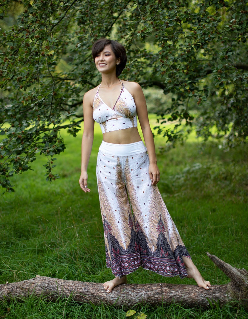 White Peacock Print Palazzo Trousers Yoga Pants Hippie Pants