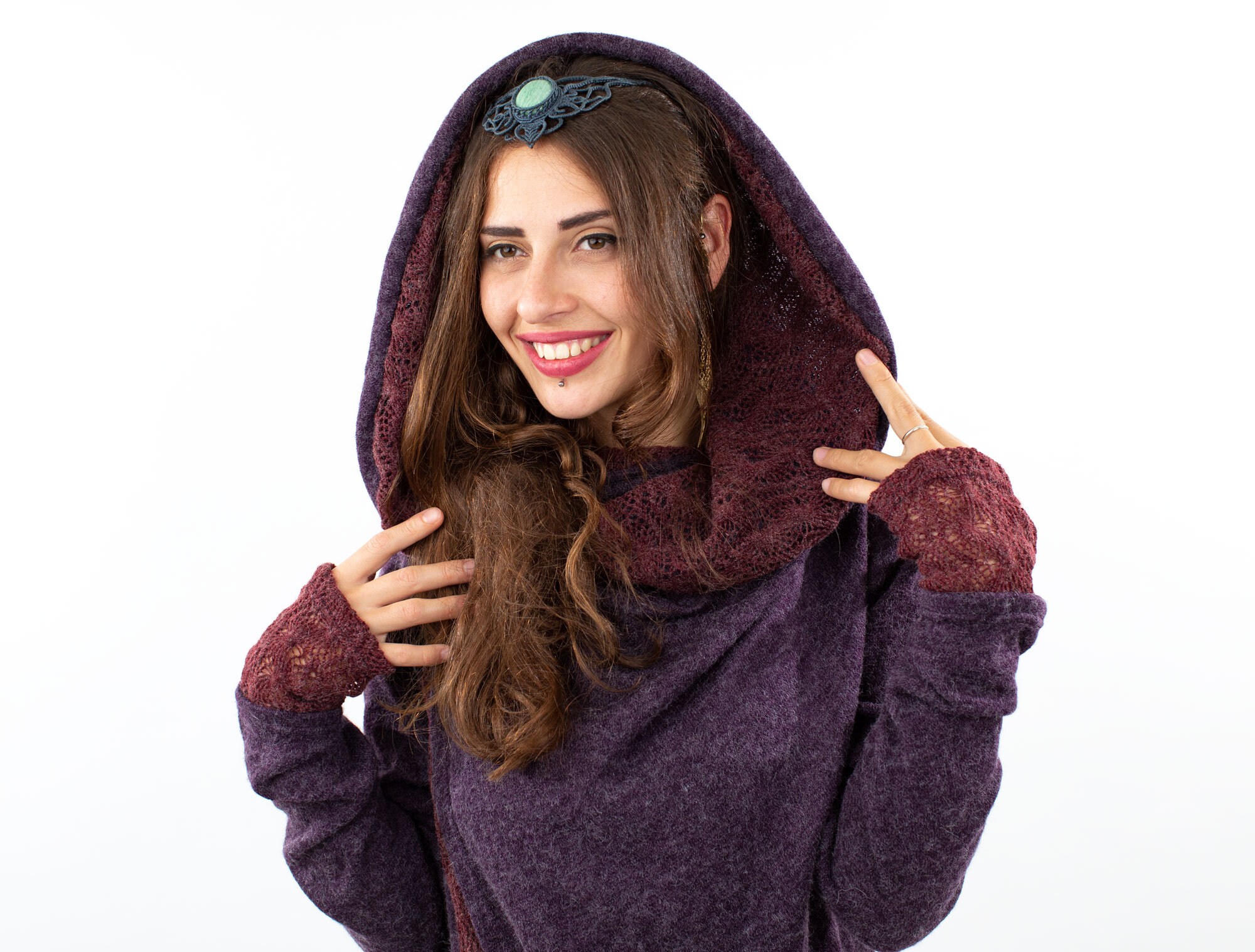 Image of Purple Lace Crochet Hooded Hippie Cardigan, Psy Trance Jacket, Boho Knitted Wrap