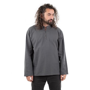 Grey Hippie Collarless 100% Cotton Long Sleeved Shirt Ethnic Mens Shirt
