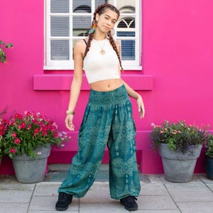 Turquoise Paisley Hippie Harem Pants, Yoga Harem Pants