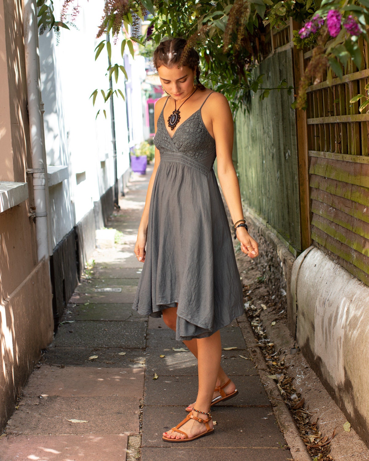 grey hippie dress Hippie Soul Long V-Neck Cotton Dress