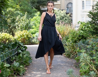 Black Asymmetric Cotton Boho Dress Hippie Tribal Dress