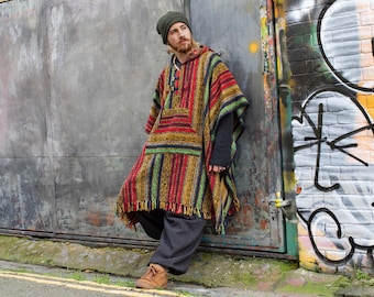 Mexican Hippie Gheri Poncho, Hooded Heavy Cotton Rasta Poncho Unisex