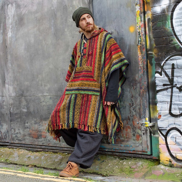 Mexican Hippie Gheri Poncho, Hooded Heavy Cotton Rasta Poncho Unisex