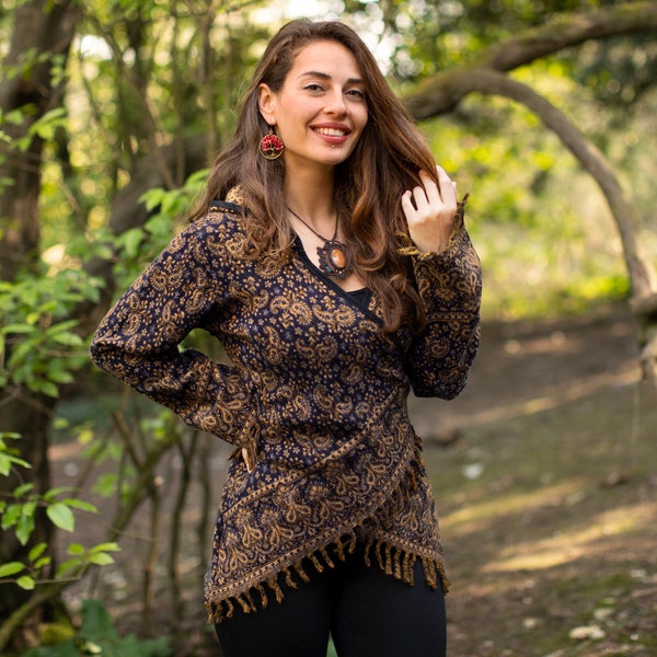 Navy Blue Paisley Cardigan Wrap Jacket, Fringed Shawl Jacket, Boho Pixie Cardigan