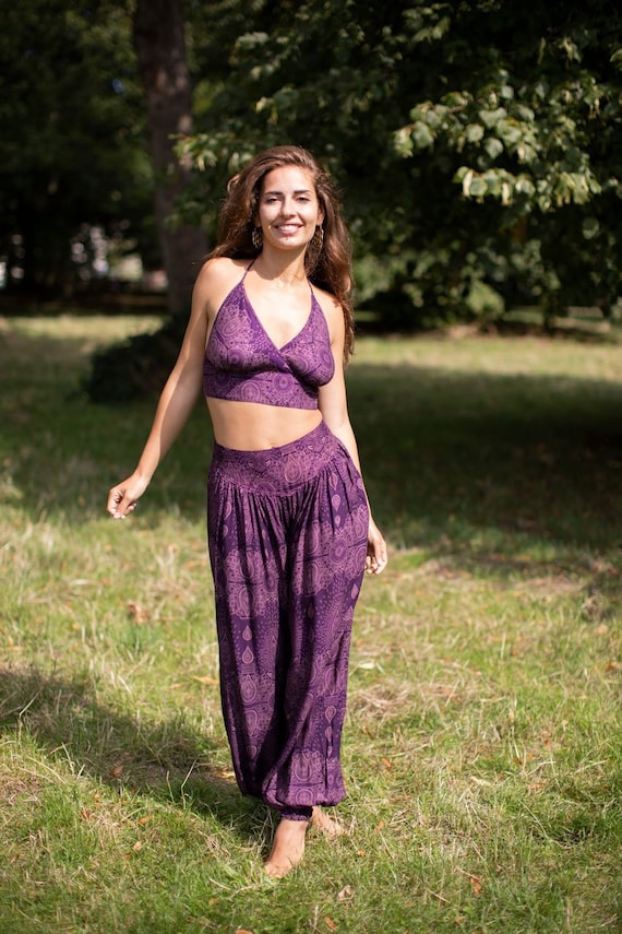 Purple Harem Pants Yoga Trousers Pants Hippie Trousers Paisley Print Genie Pants