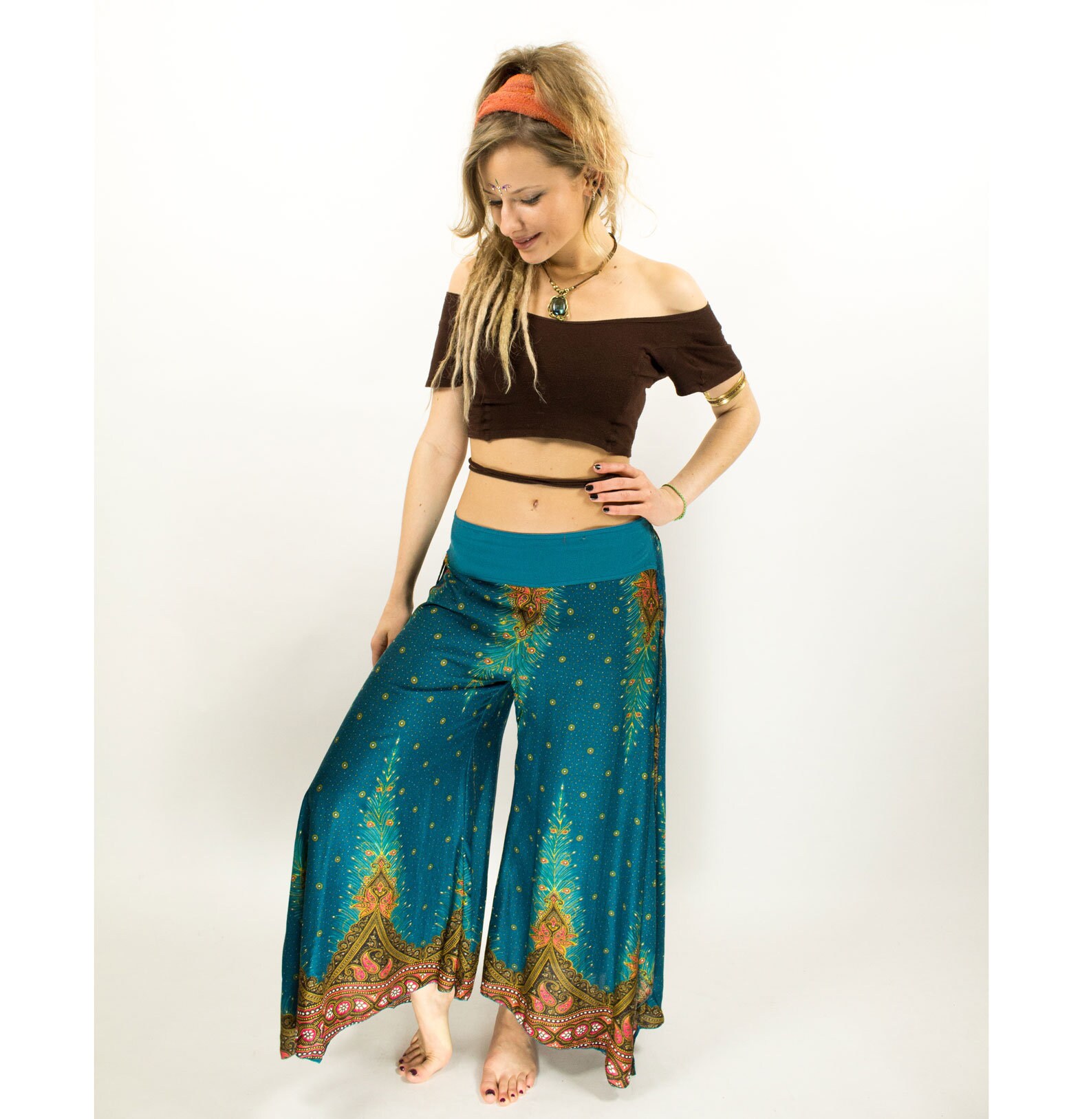 Image of Boho Peacock Palazzo Pants, Yoga Hippie Culottes